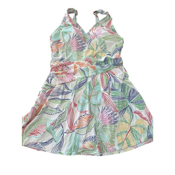 Denim and Co Beach Petite V Neck Ruched Waist Swim Dress Size 8P Multi Parrot - Picture 2 of 10